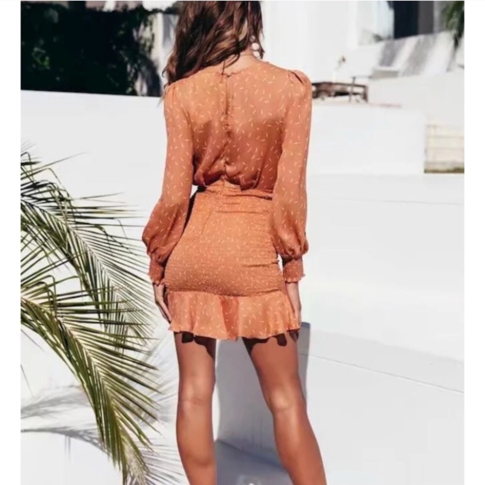 Confetti Long Sleeve Wrap Shirred Mini Dress - Picture 2 of 5